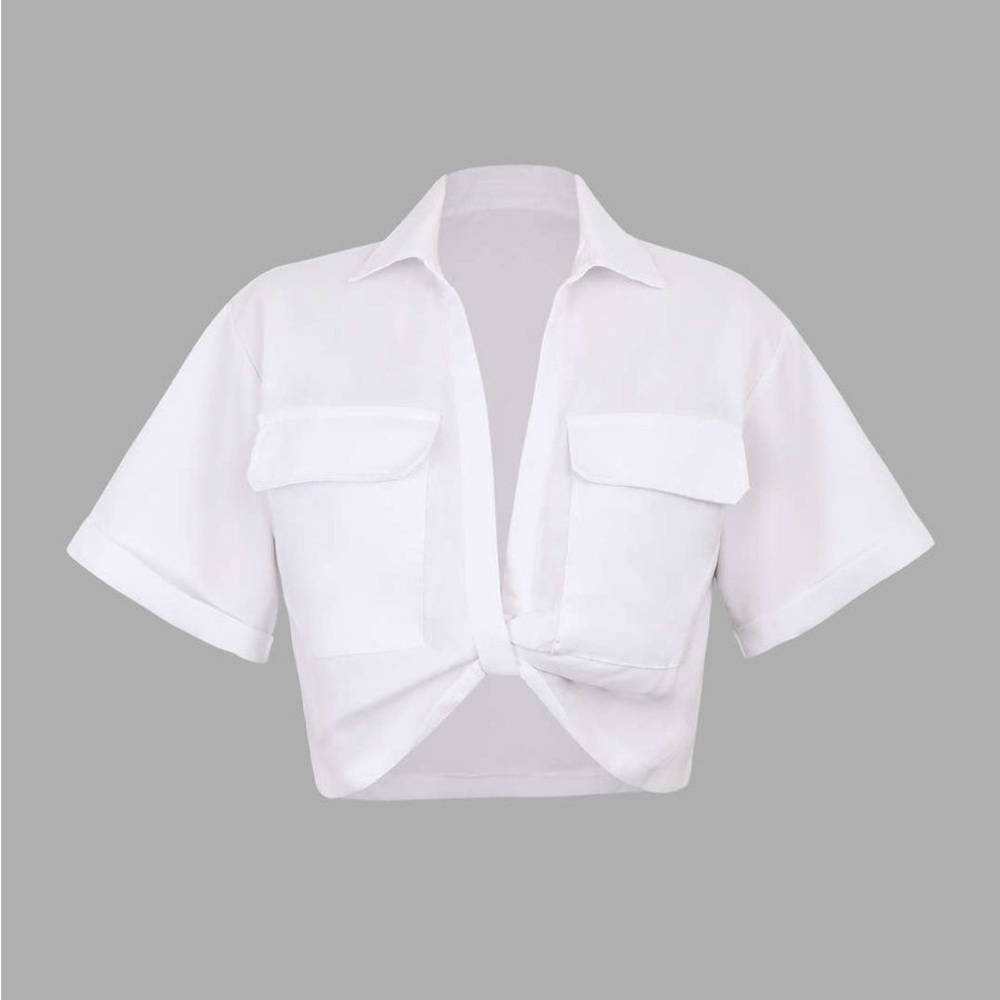 Flap Pocket Twist Hem Shirt - WHITE / XS